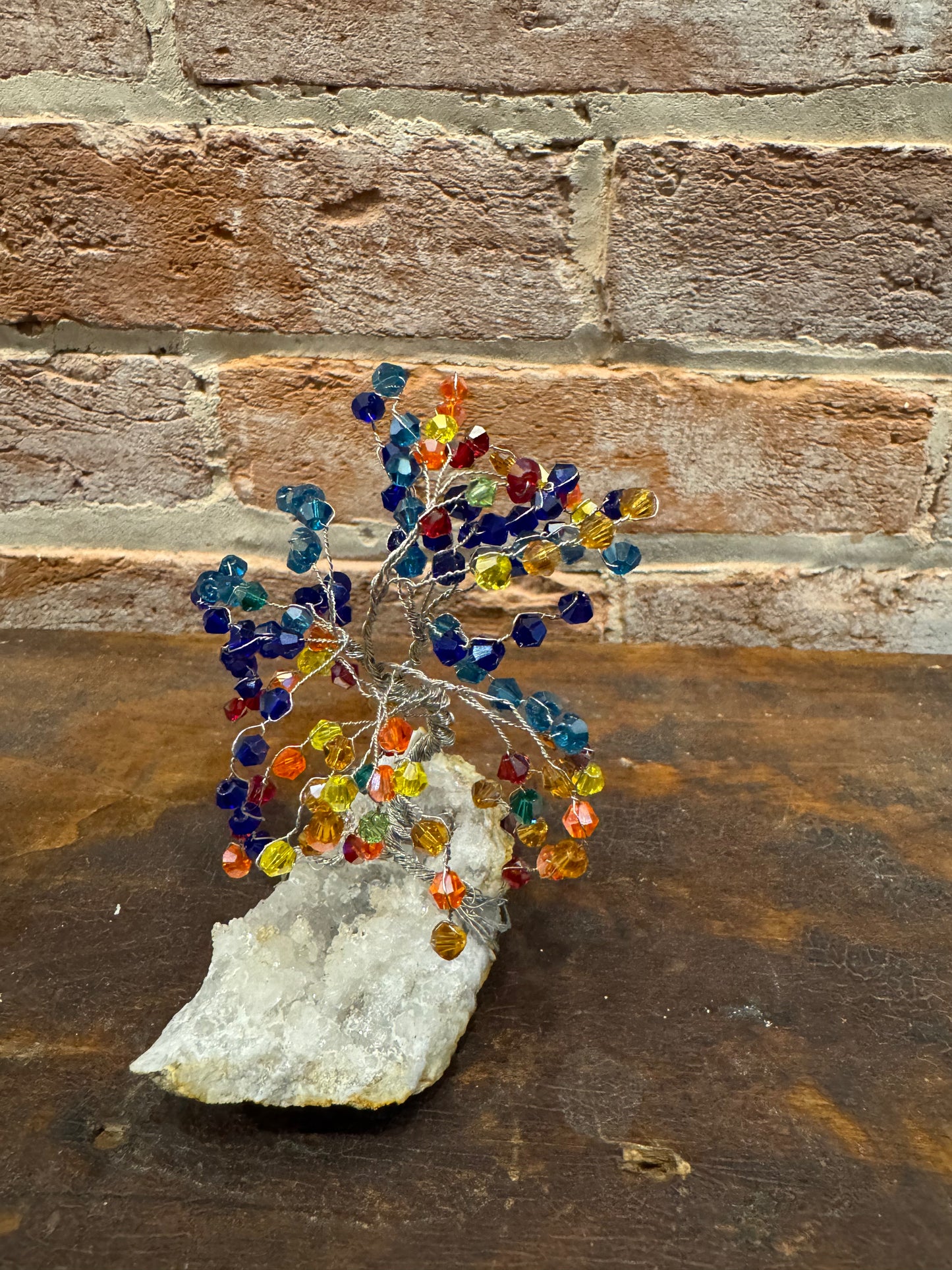 Handcrafted wire and bead tree sculpture on quartz rock home or garden decor