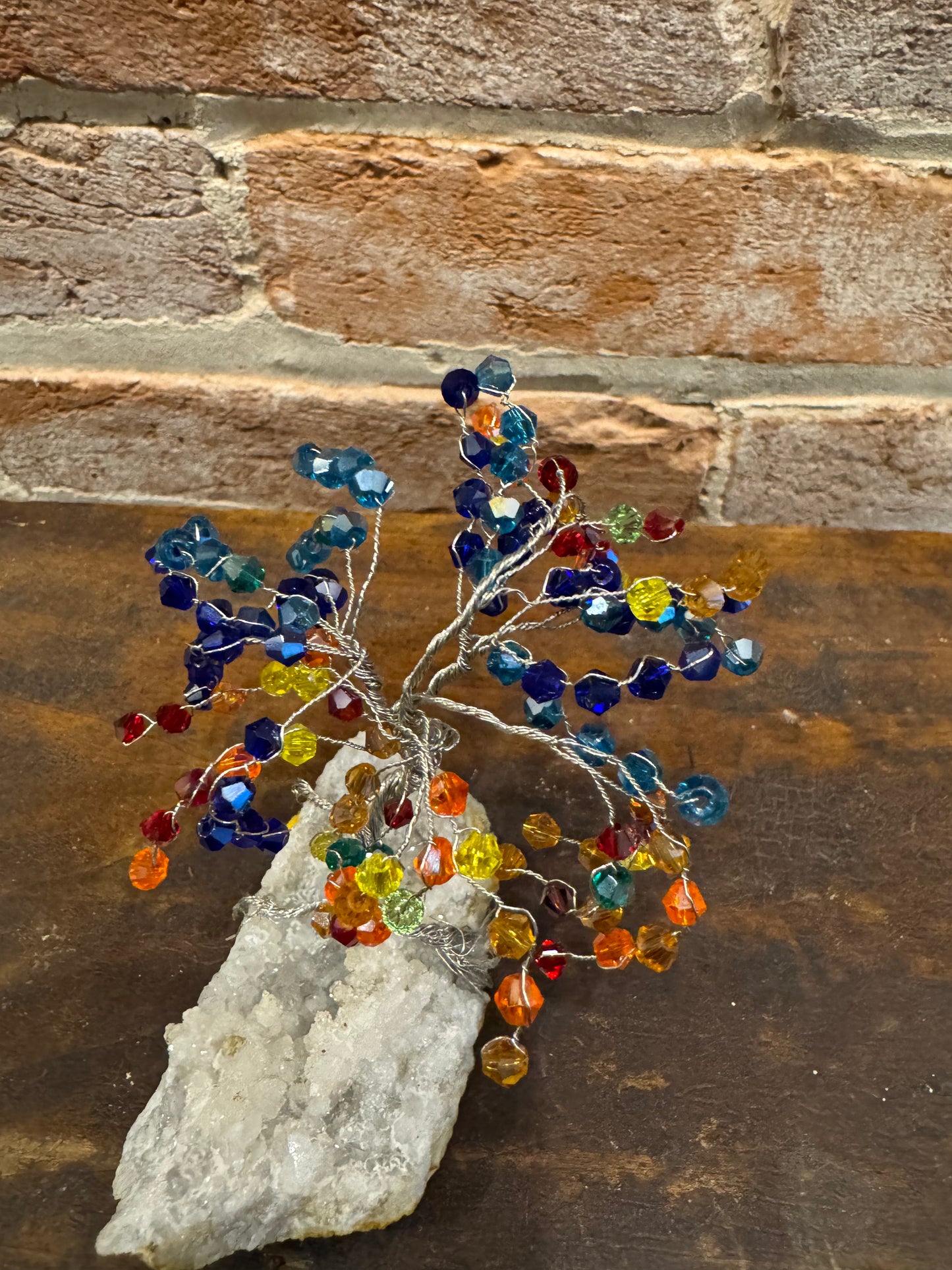 Handcrafted wire and bead tree sculpture on quartz rock home or garden decor