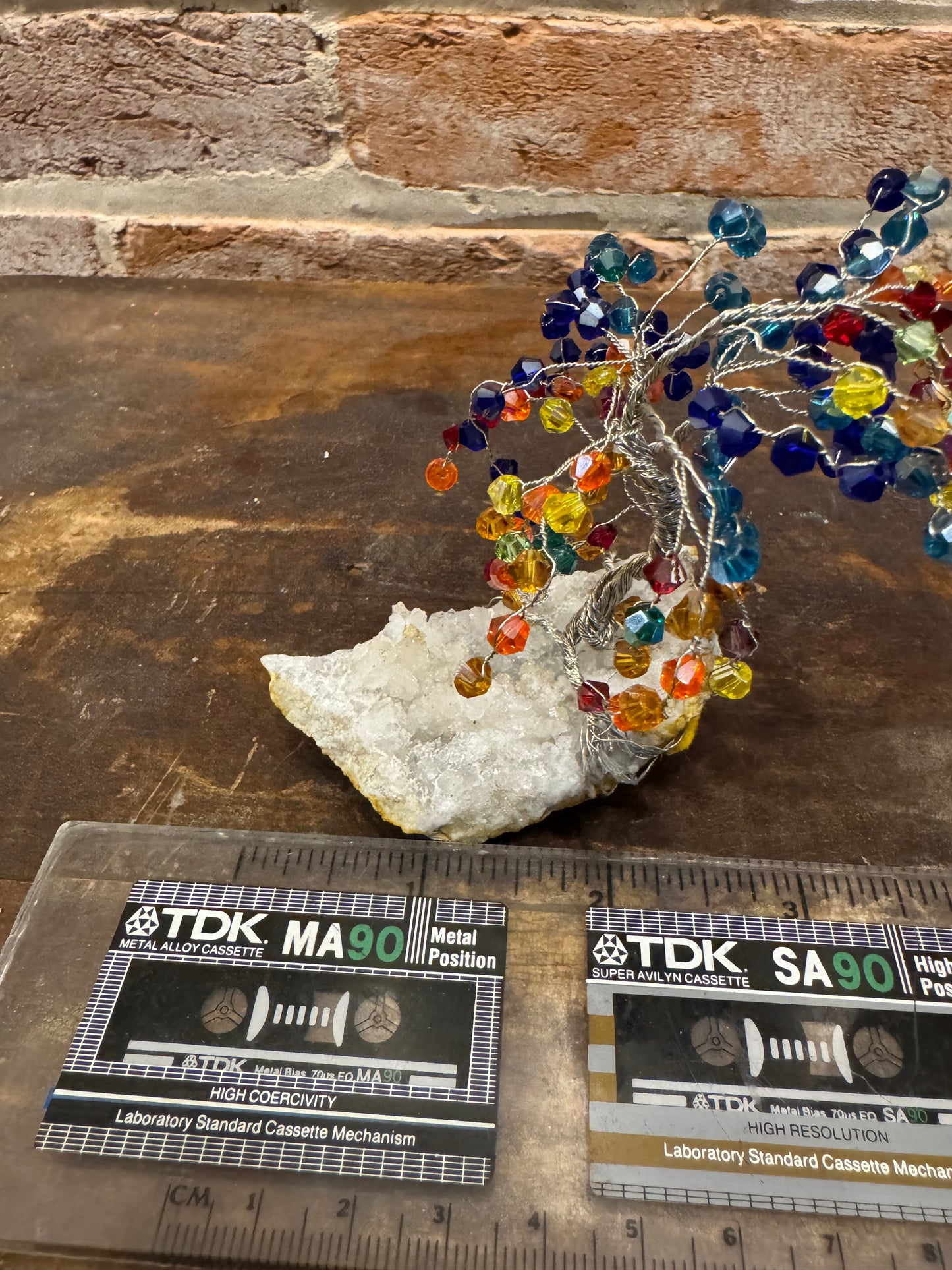 Handcrafted wire and bead tree sculpture on quartz rock home or garden decor