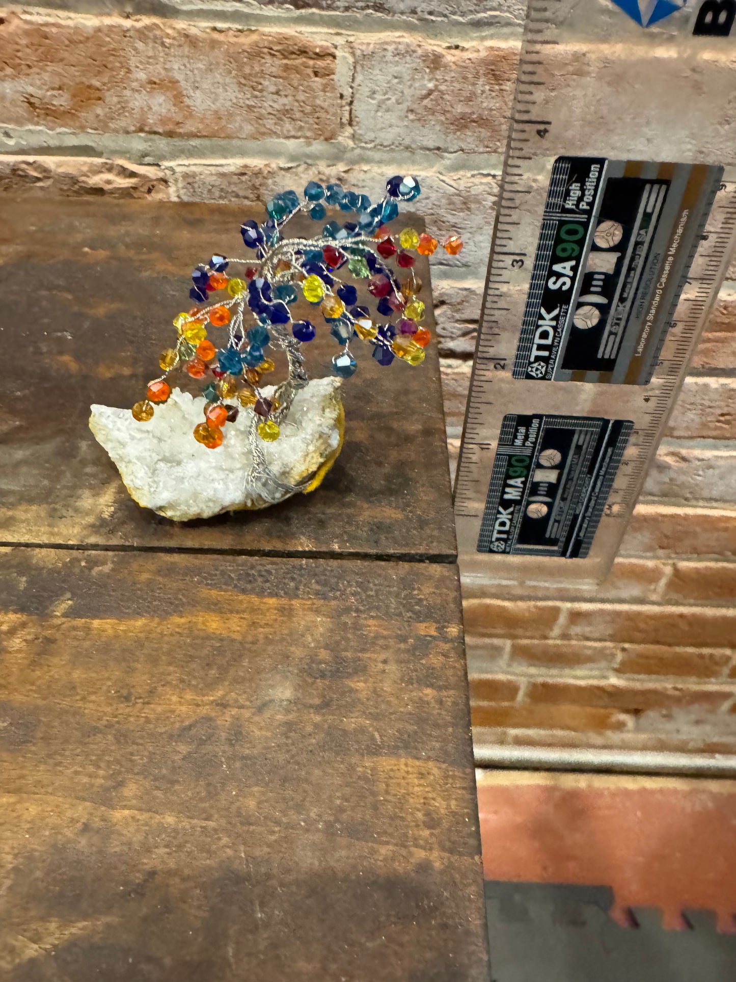 Handcrafted wire and bead tree sculpture on quartz rock home or garden decor