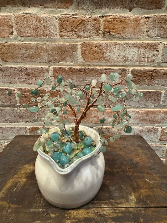 Handcrafted Copper Wire Tree Sculpture with Green Stone Bead Leaves in Pfalsgraff Creamer