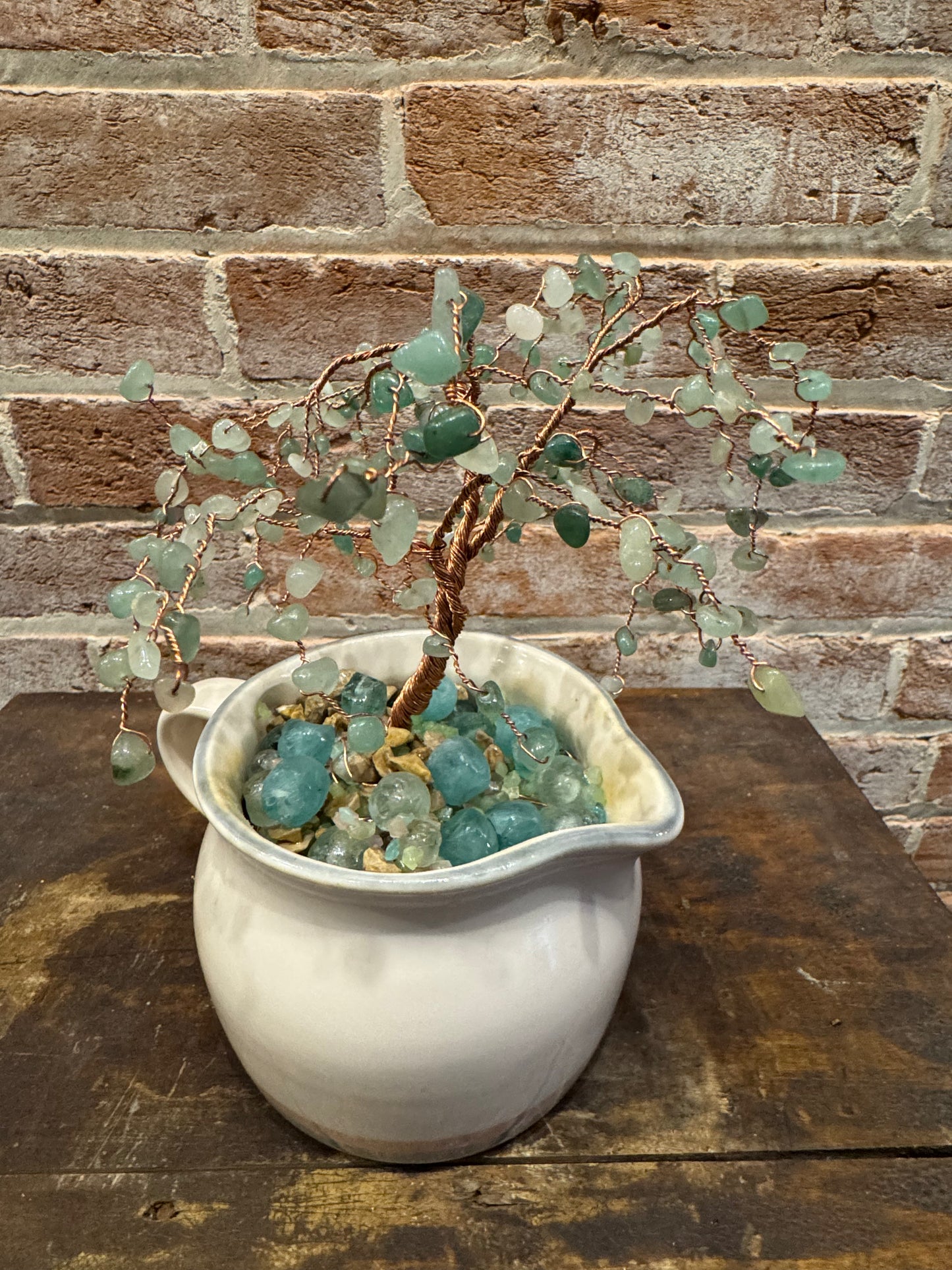 Handcrafted Copper Wire Tree Sculpture with Green Stone Bead Leaves in Pfalsgraff Creamer