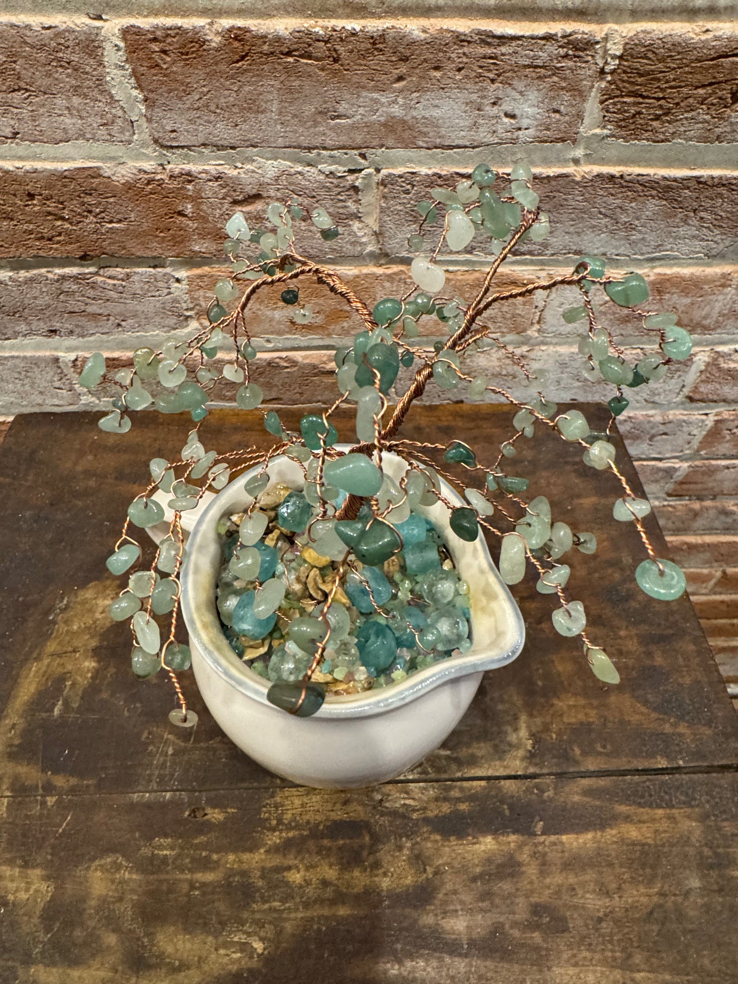 Handcrafted Copper Wire Tree Sculpture with Green Stone Bead Leaves in Pfalsgraff Creamer