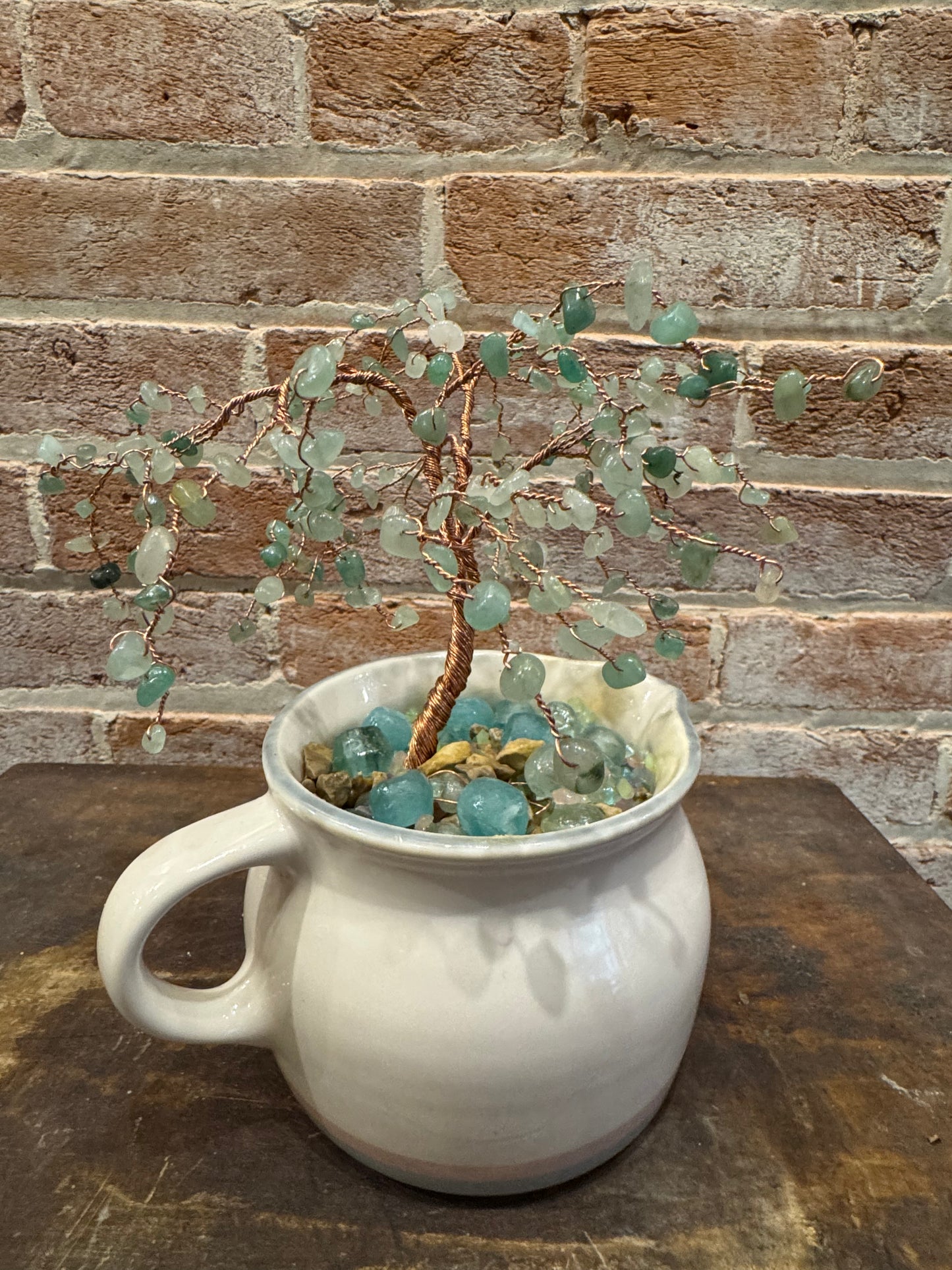 Handcrafted Copper Wire Tree Sculpture with Green Stone Bead Leaves in Pfalsgraff Creamer