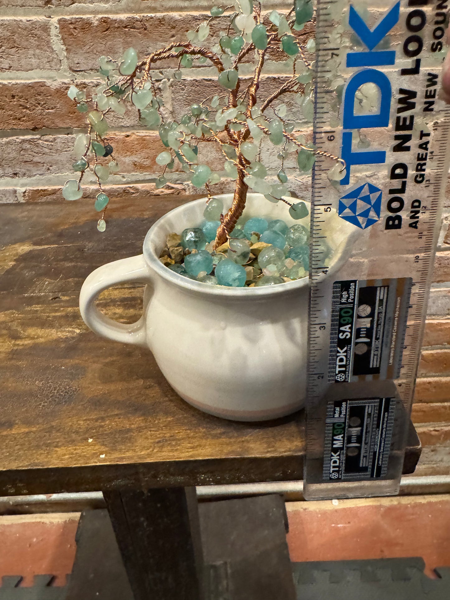 Handcrafted Copper Wire Tree Sculpture with Green Stone Bead Leaves in Pfalsgraff Creamer