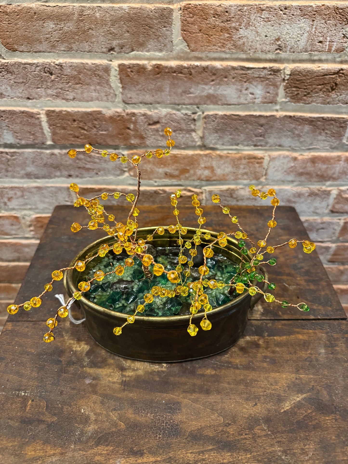 Handcrafted Wire and Bead Forsythia Bush in Small Vtg Brass Planter