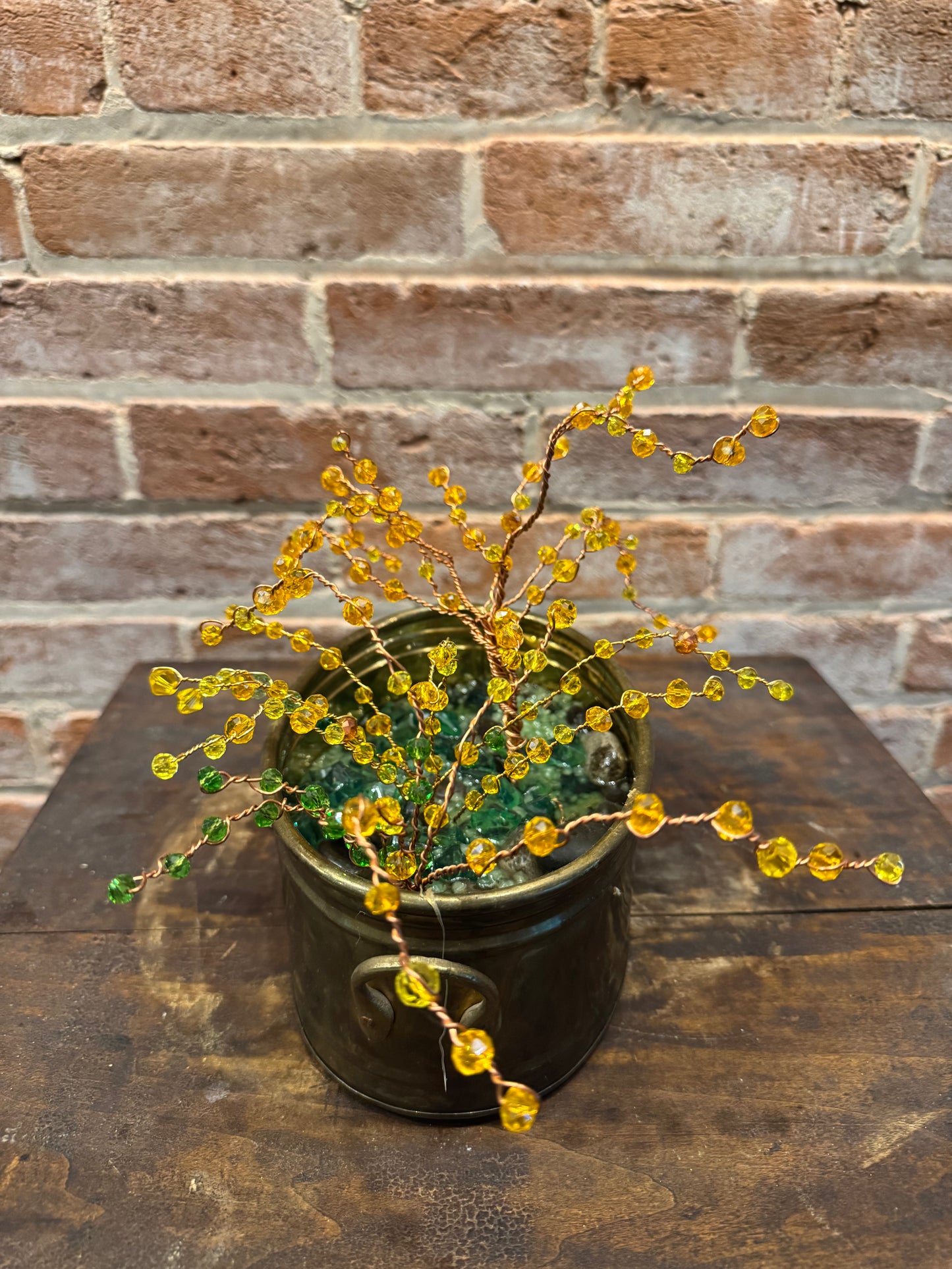 Handcrafted Wire and Bead Forsythia Bush in Small Vtg Brass Planter