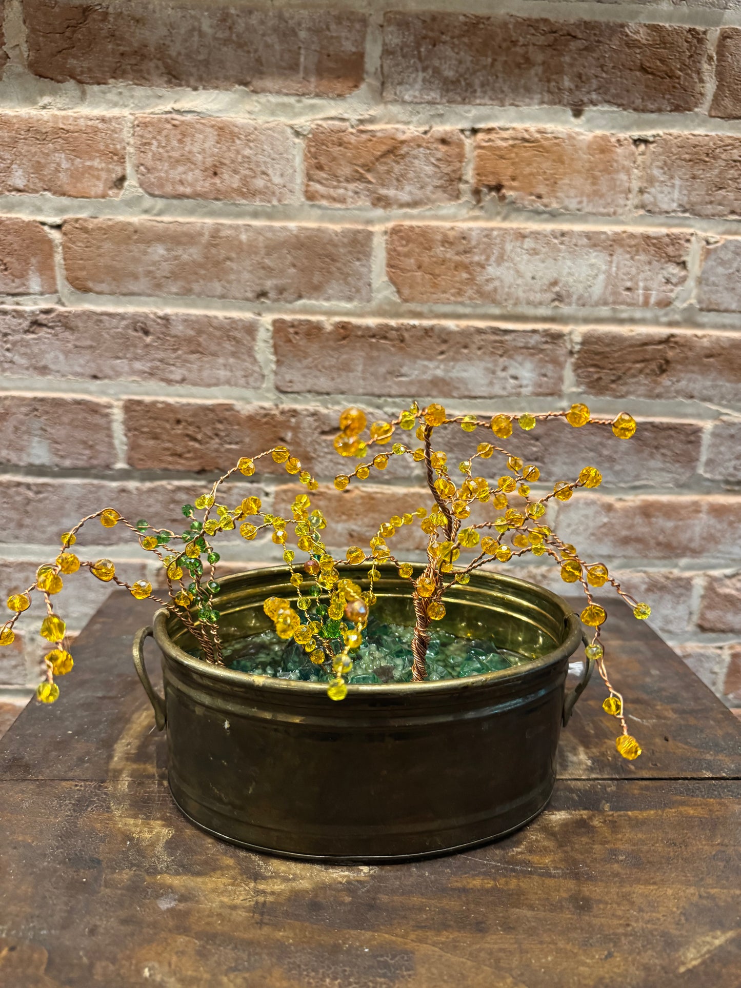 Handcrafted Wire and Bead Forsythia Bush in Small Vtg Brass Planter