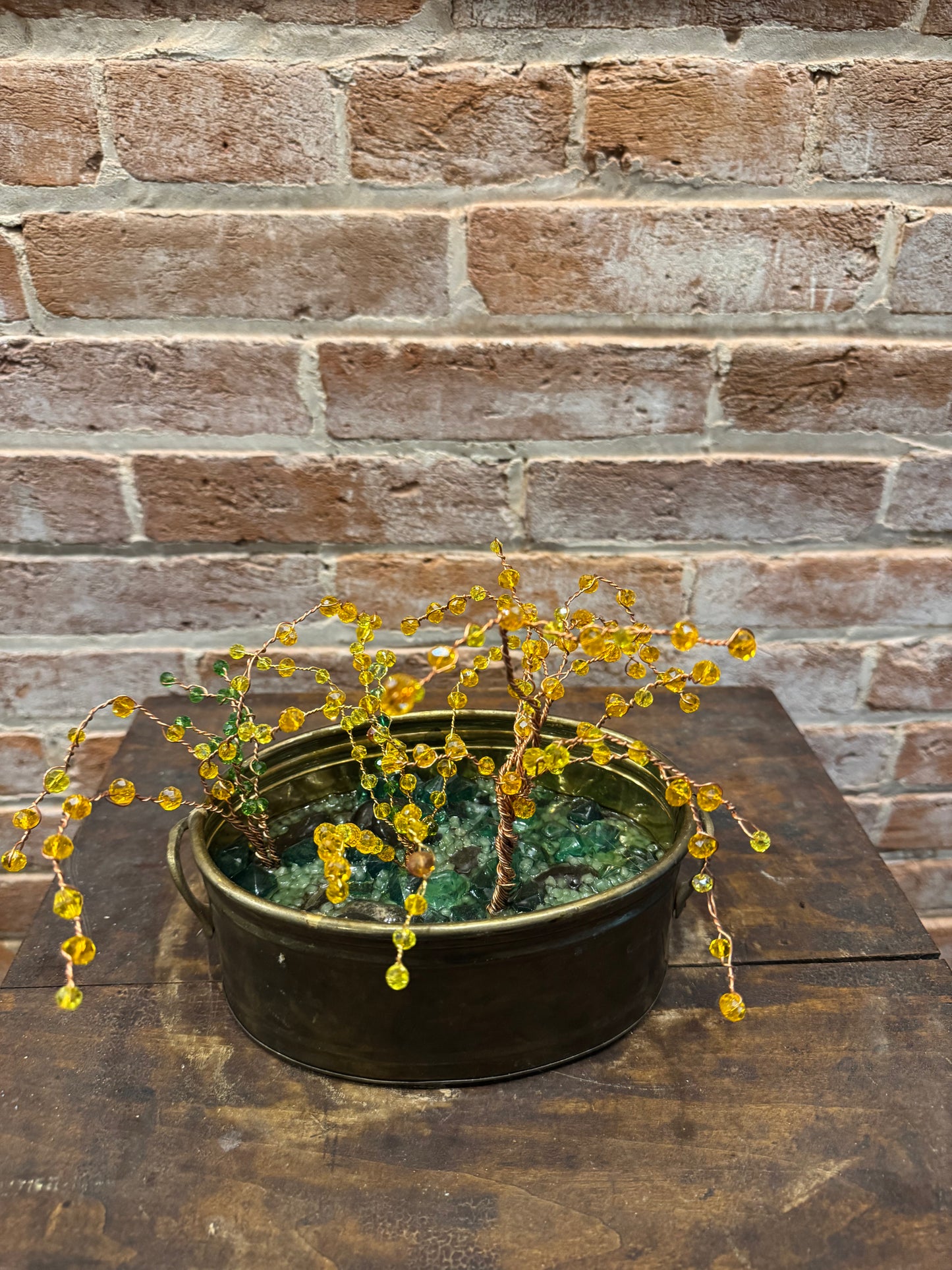 Handcrafted Wire and Bead Forsythia Bush in Small Vtg Brass Planter