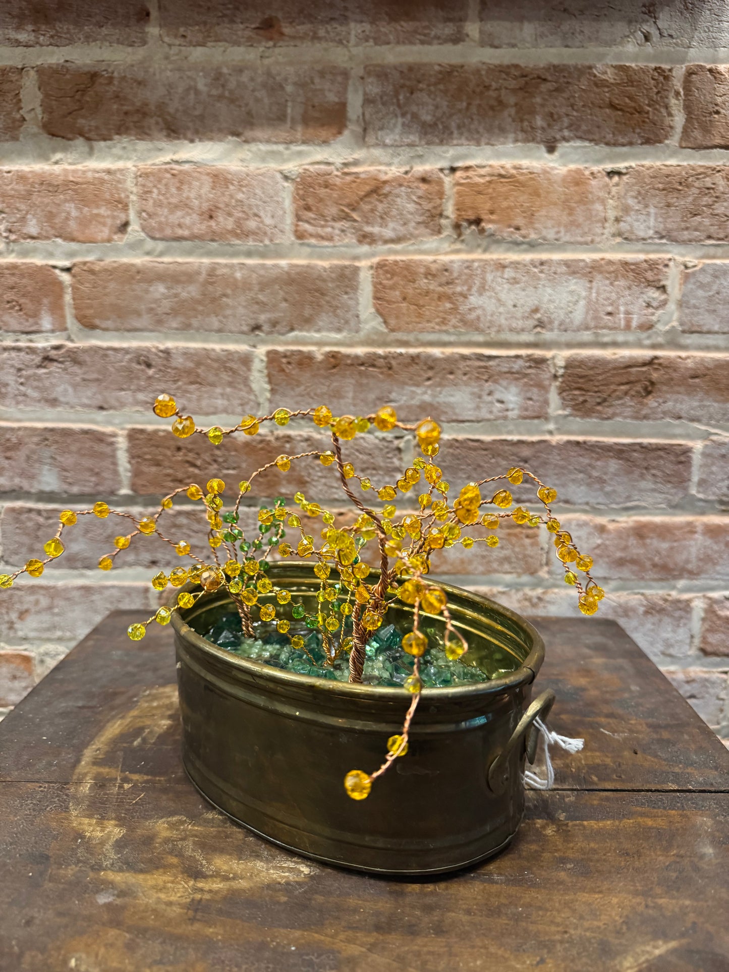 Handcrafted Wire and Bead Forsythia Bush in Small Vtg Brass Planter