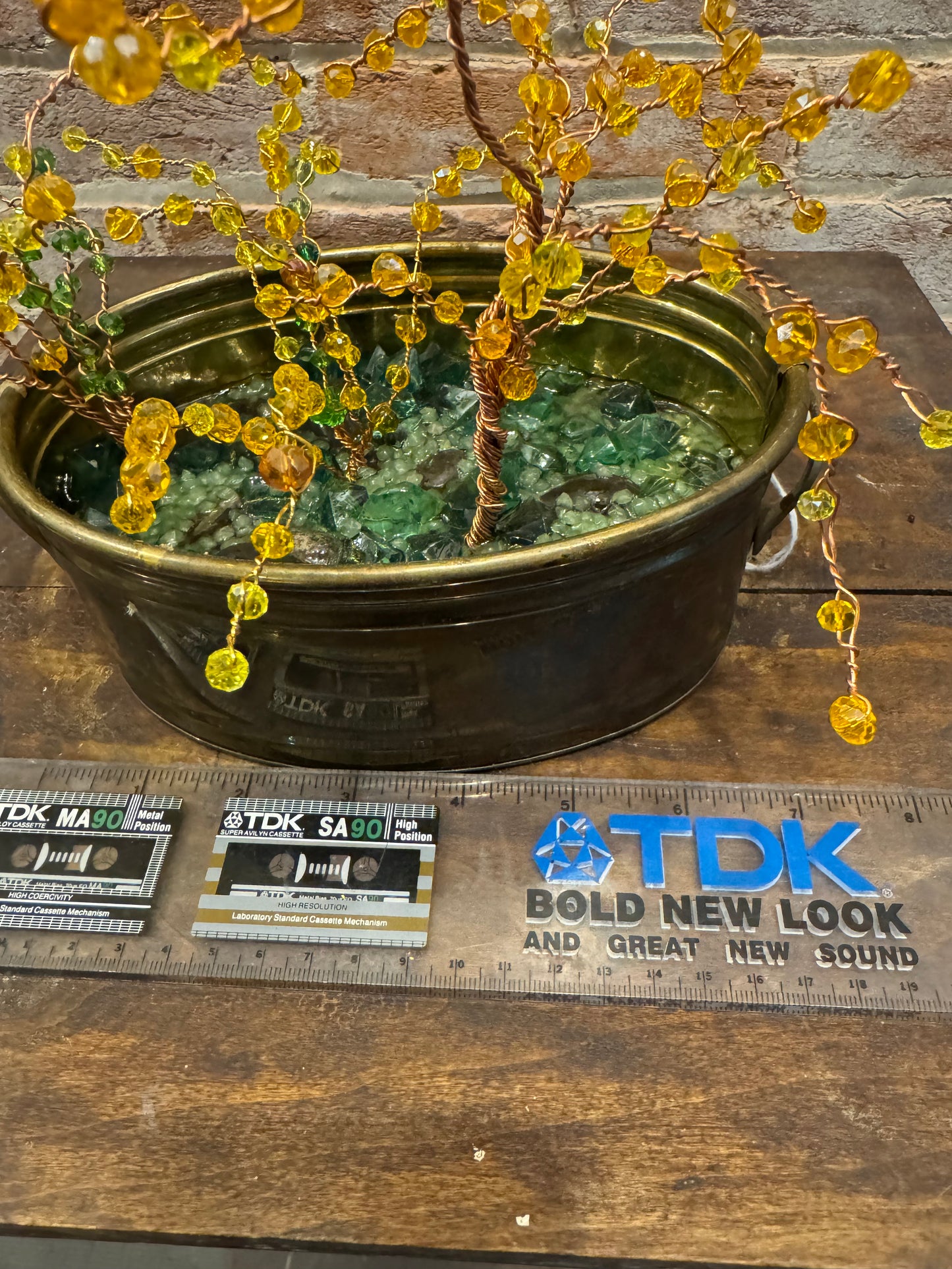 Handcrafted Wire and Bead Forsythia Bush in Small Vtg Brass Planter