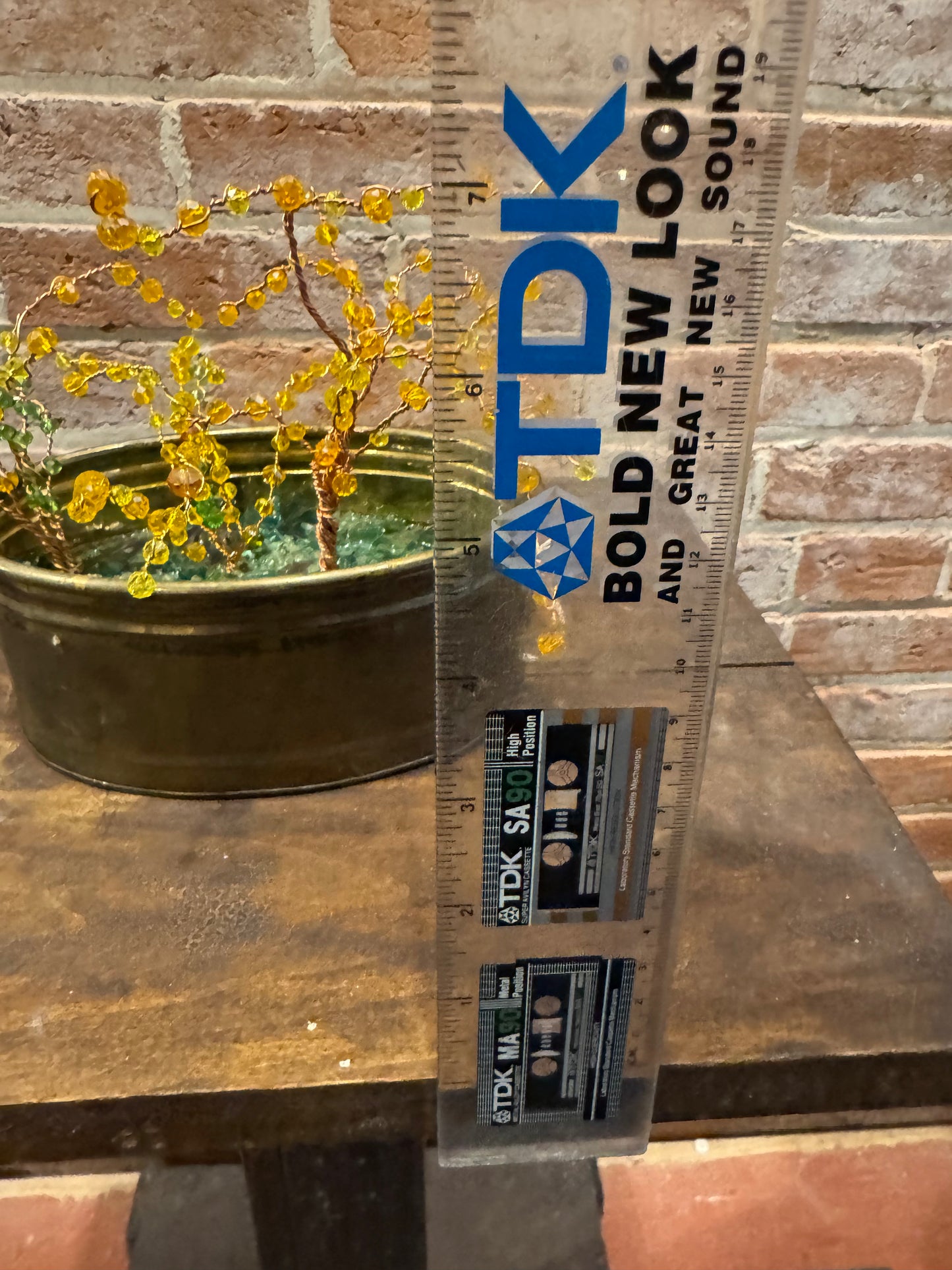 Handcrafted Wire and Bead Forsythia Bush in Small Vtg Brass Planter