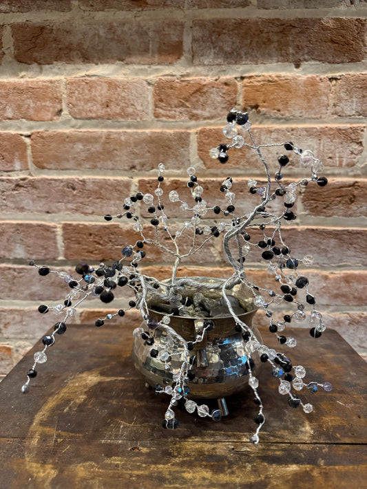 Black and Clear Crystal Wire Tree in Silver Colored Metal Mini Cauldron