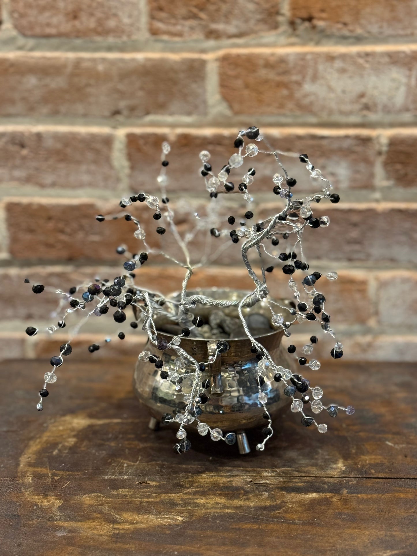 Black and Clear Crystal Wire Tree in Silver Colored Metal Mini Cauldron