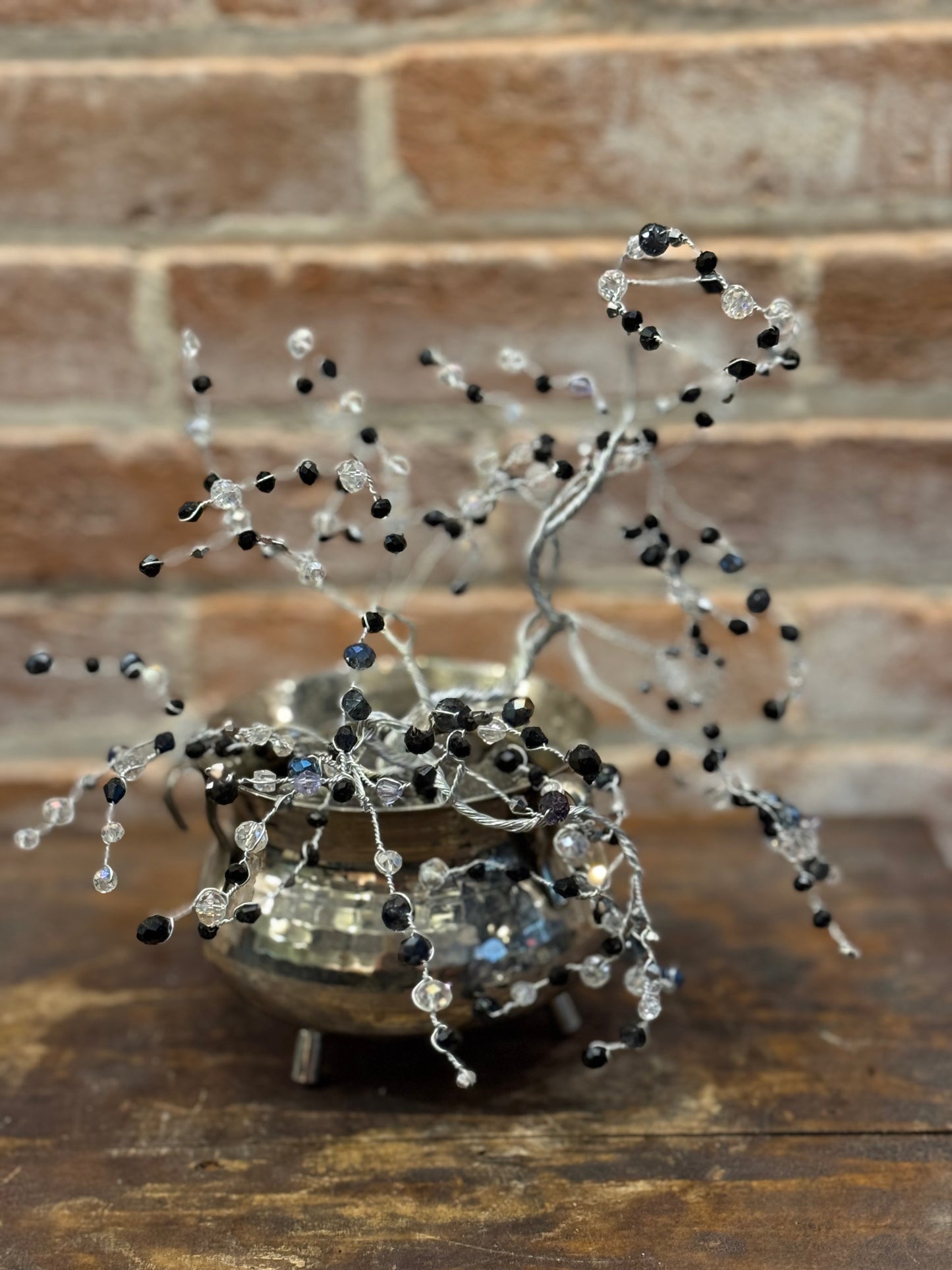 Black and Clear Crystal Wire Tree in Silver Colored Metal Mini Cauldron