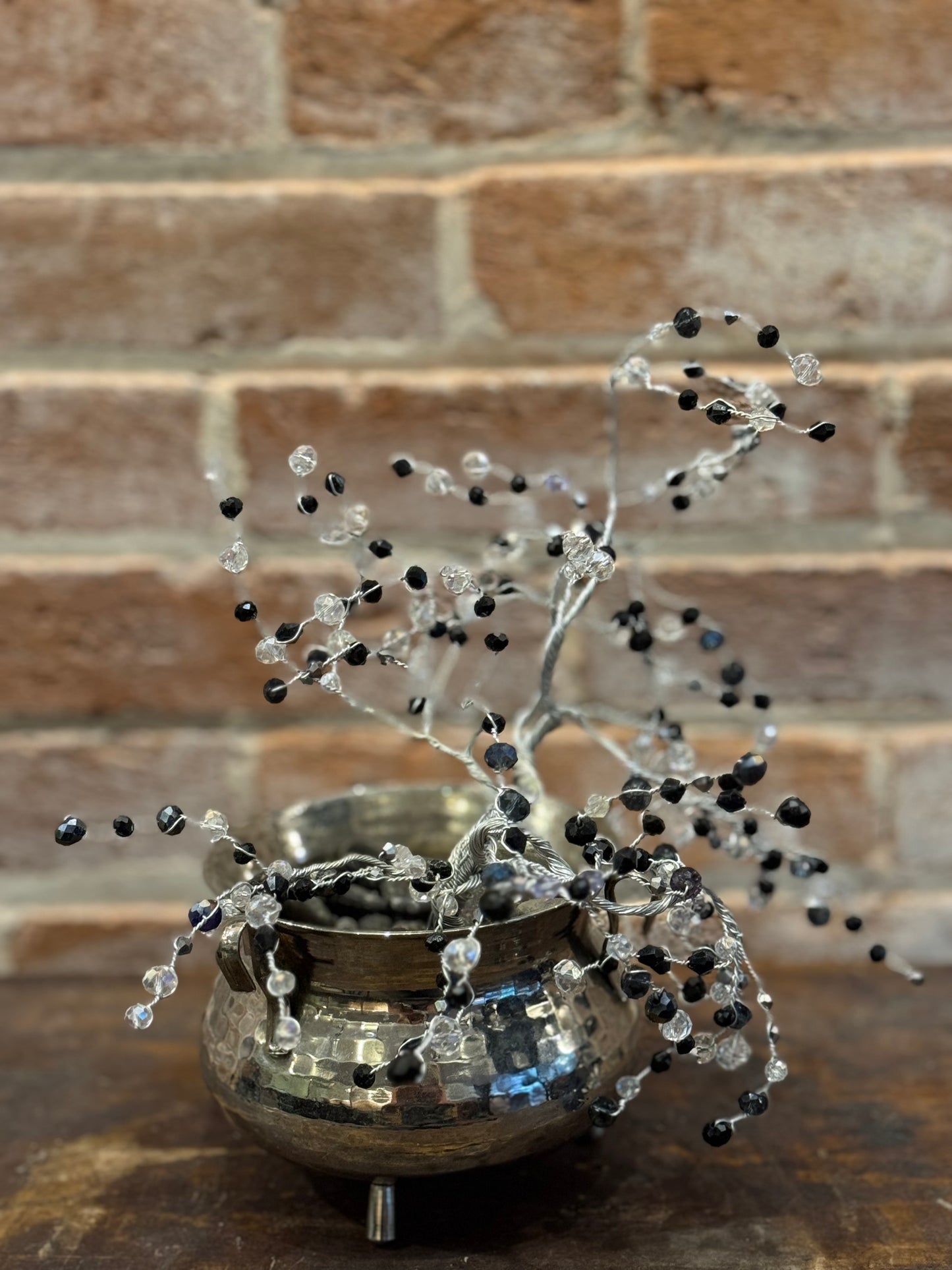 Black and Clear Crystal Wire Tree in Silver Colored Metal Mini Cauldron