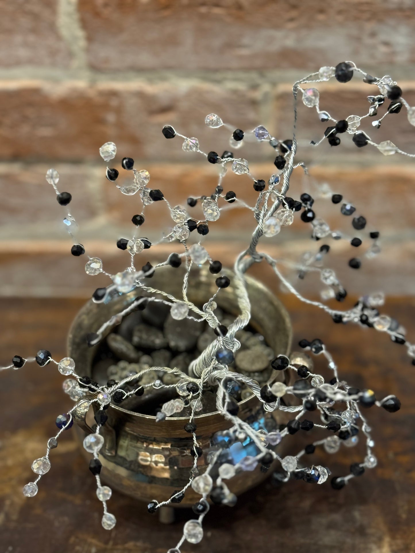 Black and Clear Crystal Wire Tree in Silver Colored Metal Mini Cauldron