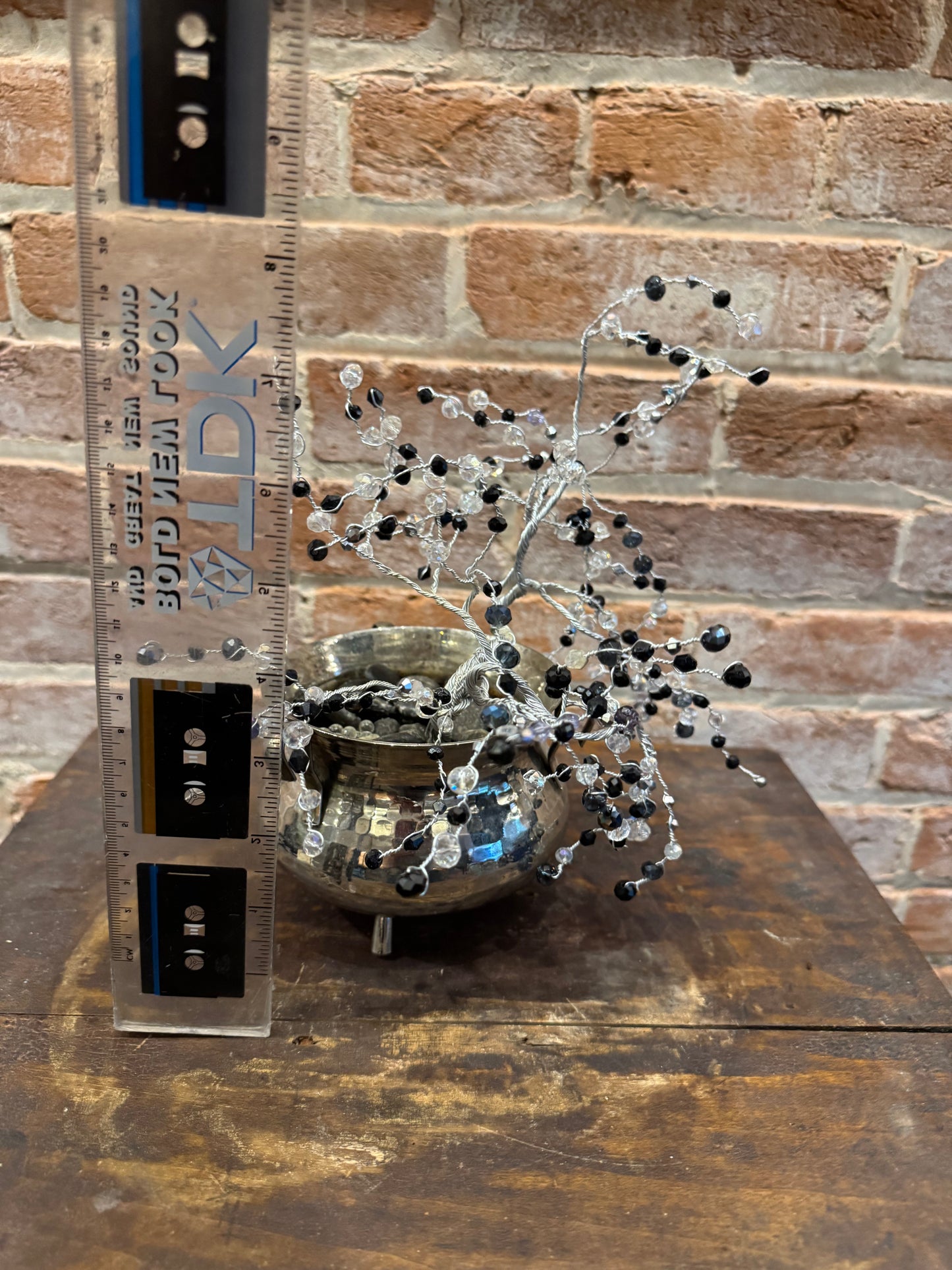 Black and Clear Crystal Wire Tree in Silver Colored Metal Mini Cauldron
