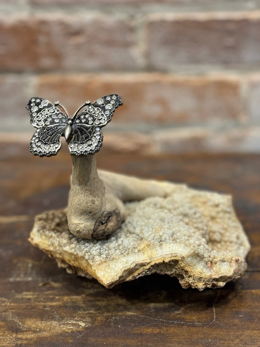 Driftwood on Rock Sculpture with Butterfly Handcrafted Unique Art