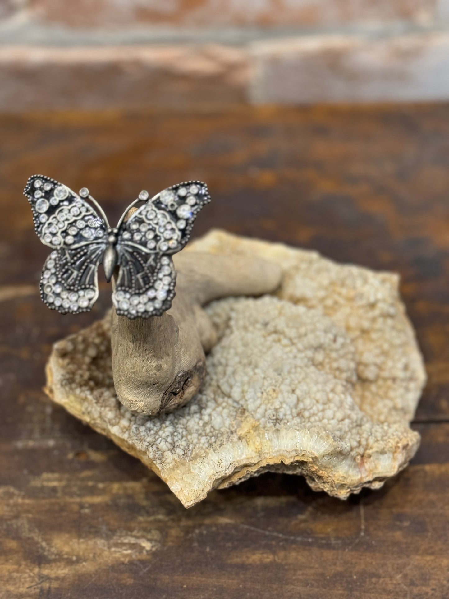 Driftwood on Rock Sculpture with Butterfly Handcrafted Unique Art
