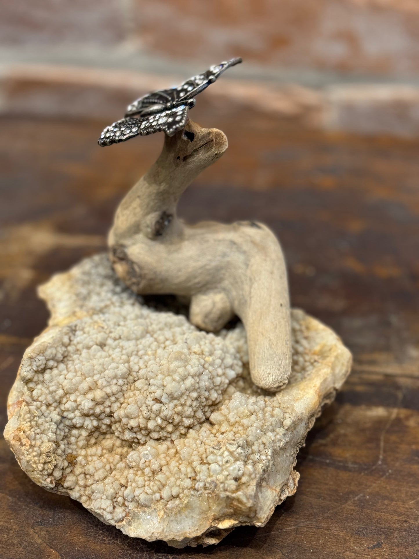 Driftwood on Rock Sculpture with Butterfly Handcrafted Unique Art