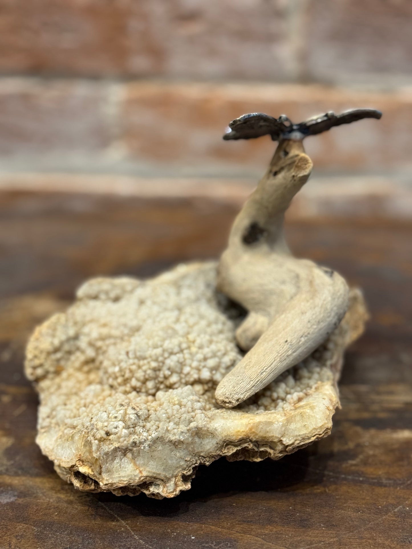 Driftwood on Rock Sculpture with Butterfly Handcrafted Unique Art