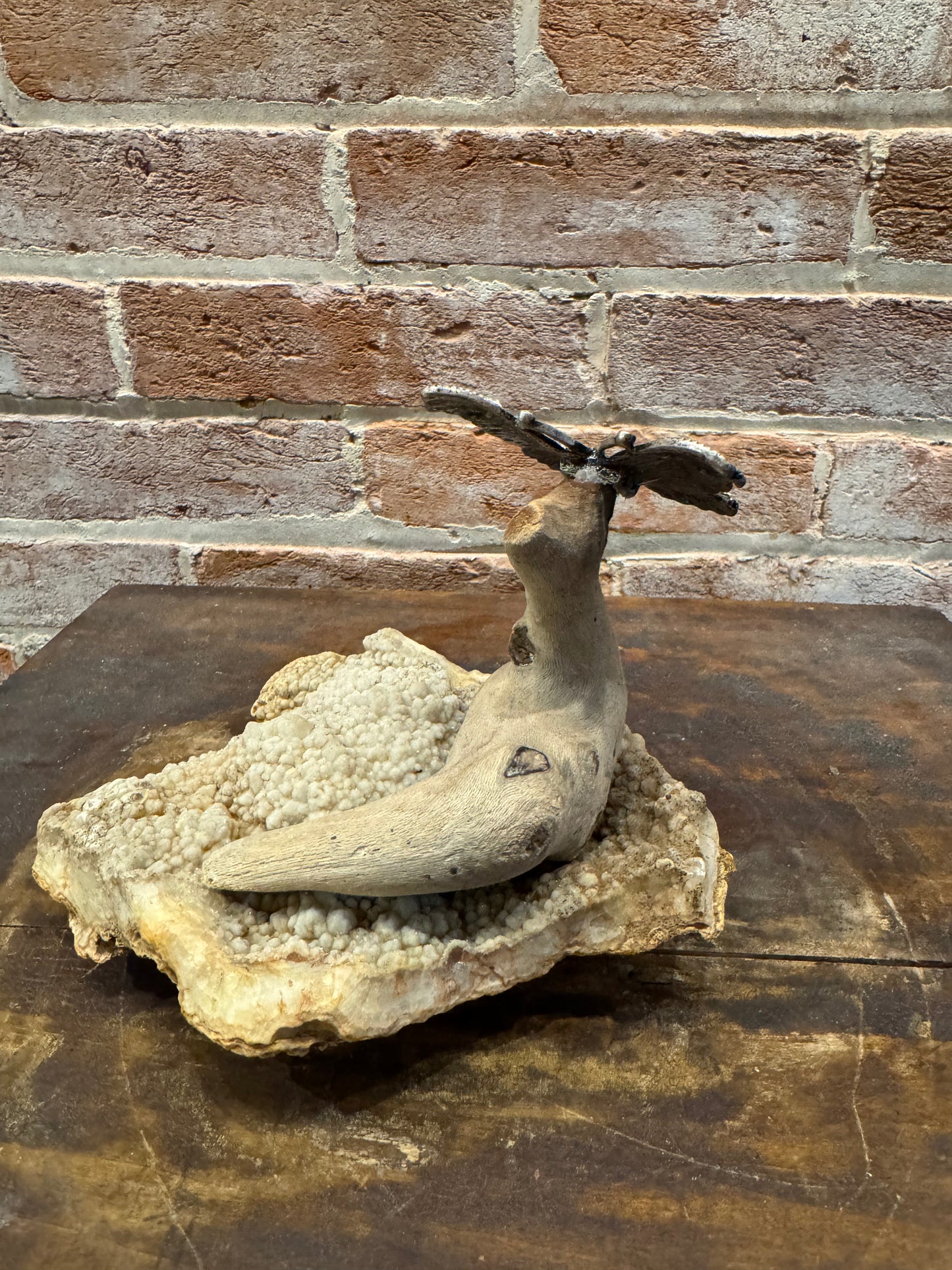 Driftwood on Rock Sculpture with Butterfly Handcrafted Unique Art