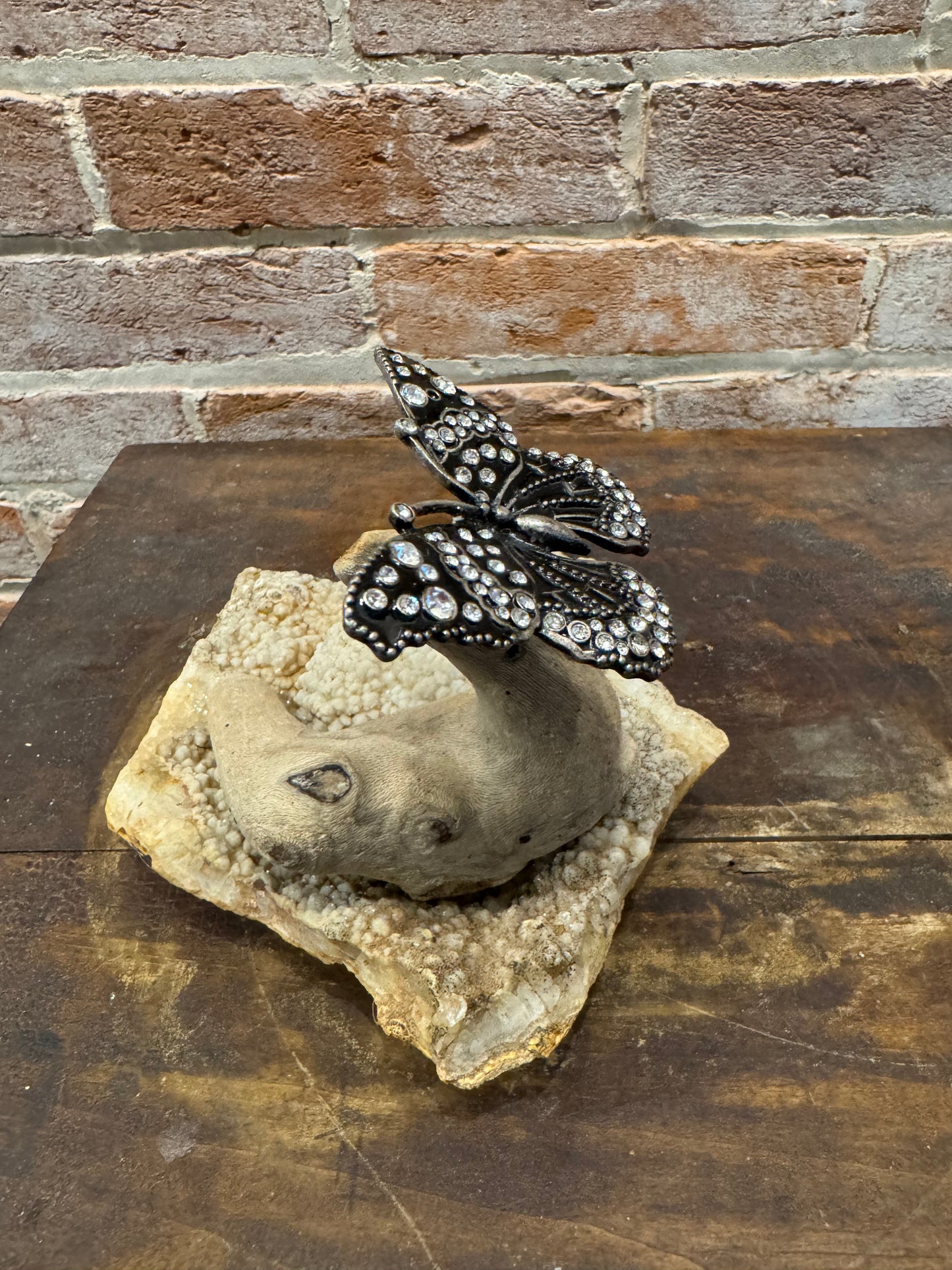 Driftwood on Rock Sculpture with Butterfly Handcrafted Unique Art