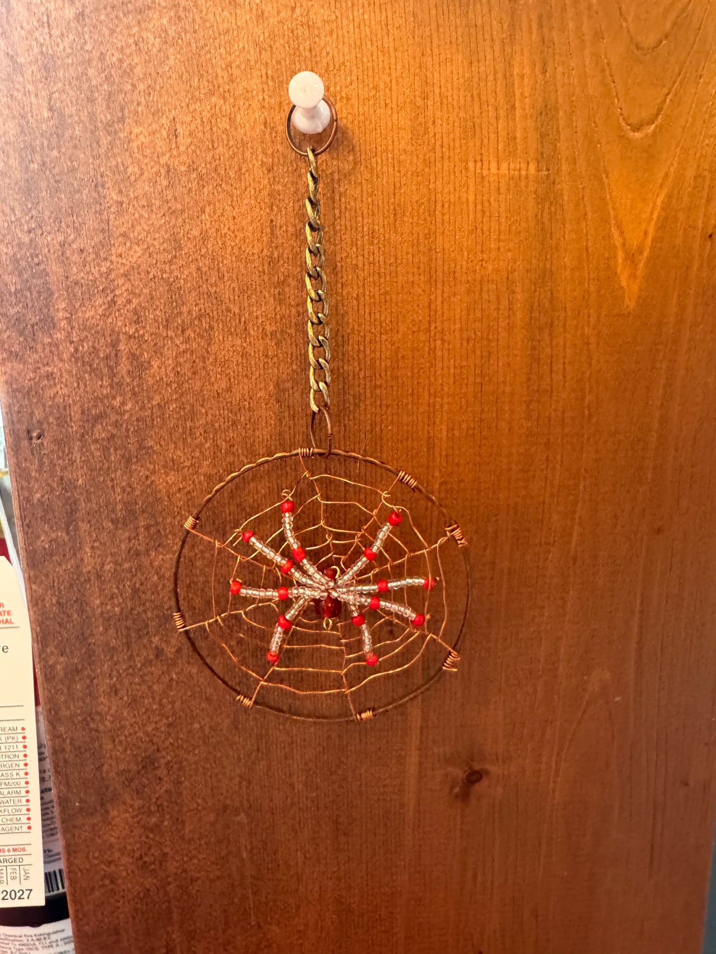 Handmade Christmas Spider Ornament Red and Crystal Clear in Copper Web