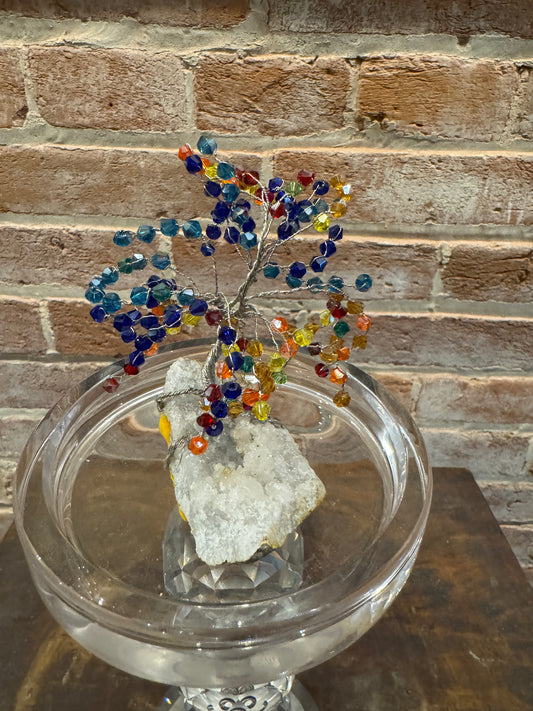 Handcrafted wire and bead tree sculpture on quartz rock home or garden decor