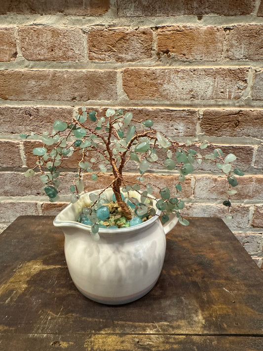 Handcrafted Copper Wire Tree Sculpture with Green Stone Bead Leaves in Pfalsgraff Creamer