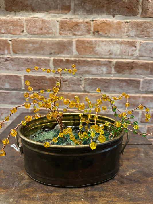 Handcrafted Wire and Bead Forsythia Bush in Small Vtg Brass Planter