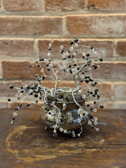 Black and Clear Crystal Wire Tree in Silver Colored Metal Mini Cauldron