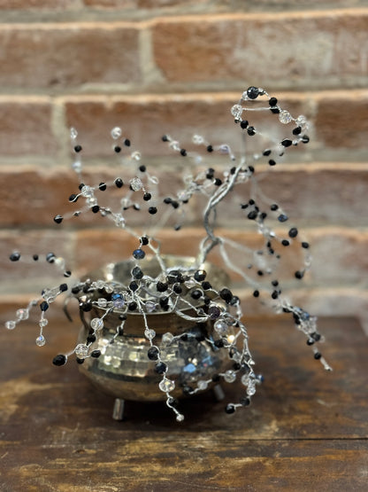 Black and Clear Crystal Wire Tree in Silver Colored Metal Mini Cauldron