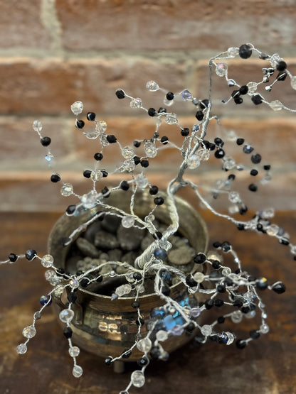 Black and Clear Crystal Wire Tree in Silver Colored Metal Mini Cauldron