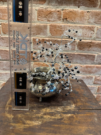 Black and Clear Crystal Wire Tree in Silver Colored Metal Mini Cauldron