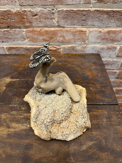 Driftwood on Rock Sculpture with Butterfly Handcrafted Unique Art