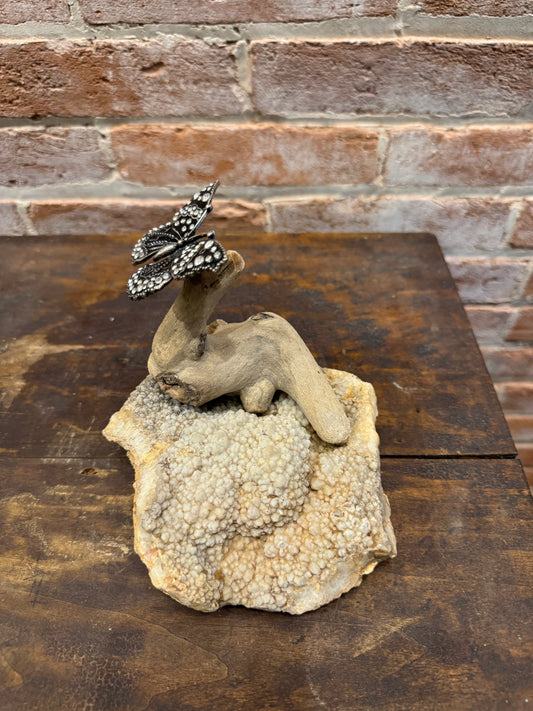 Driftwood on Rock Sculpture with Butterfly Handcrafted Unique Art