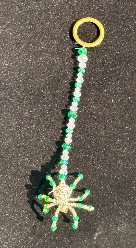 Green Beaded Spider Mini Suncatcher Ornament Rearview Mirror Decor