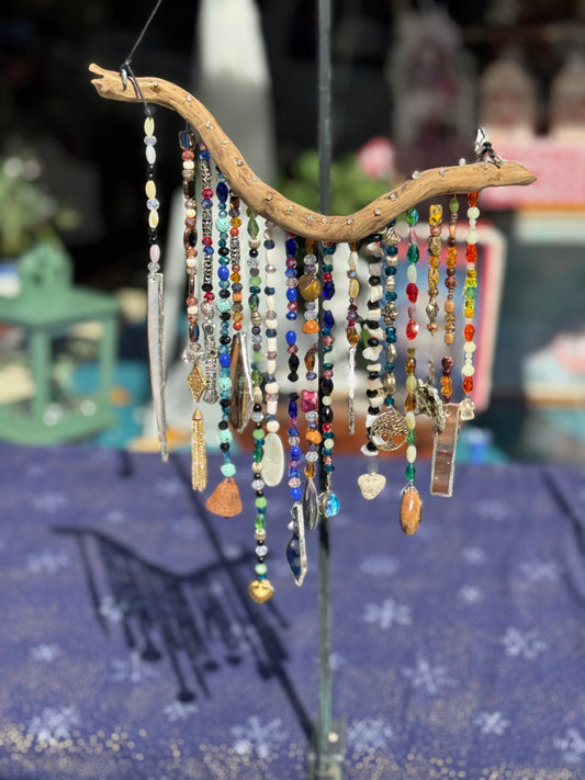 Suncatcher on Driftwood with Crystal Beads and Repurposed Jewelry Pieces