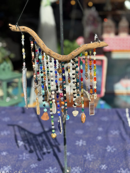 Suncatcher on Driftwood with Crystal Beads and Repurposed Jewelry Pieces