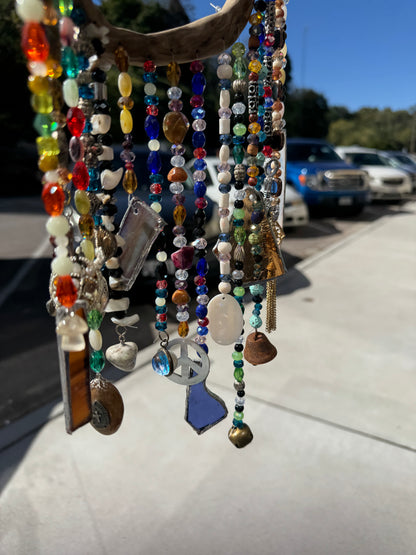 Suncatcher on Driftwood with Crystal Beads and Repurposed Jewelry Pieces