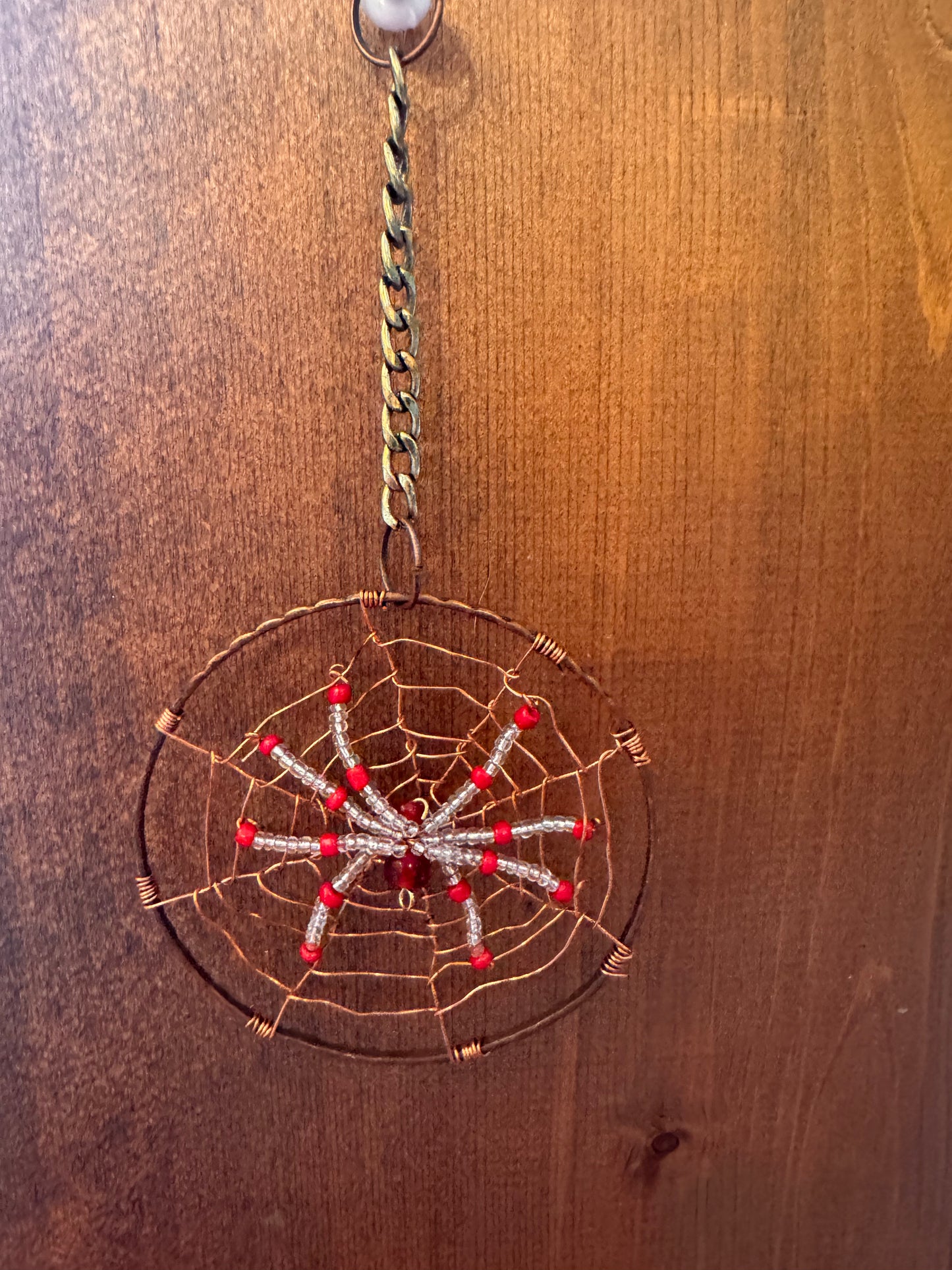 Handmade Christmas Spider Ornament  Red and Crystal Clear in Copper Web
