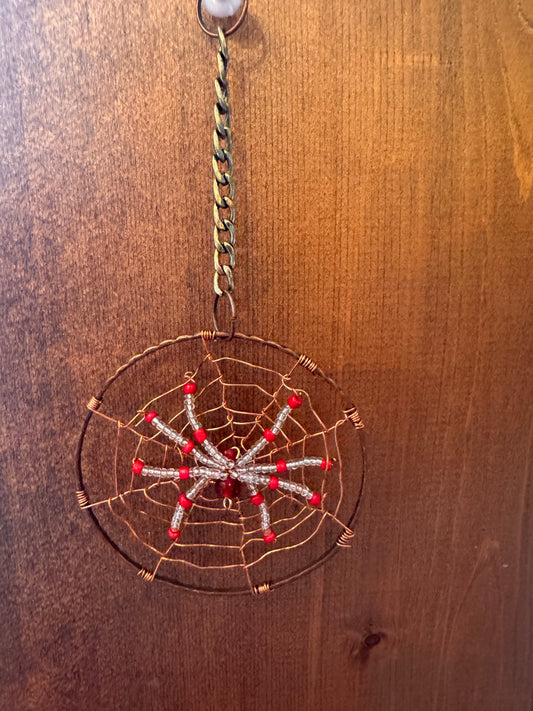 Handmade Christmas Spider Ornament  Red and Crystal Clear in Copper Web