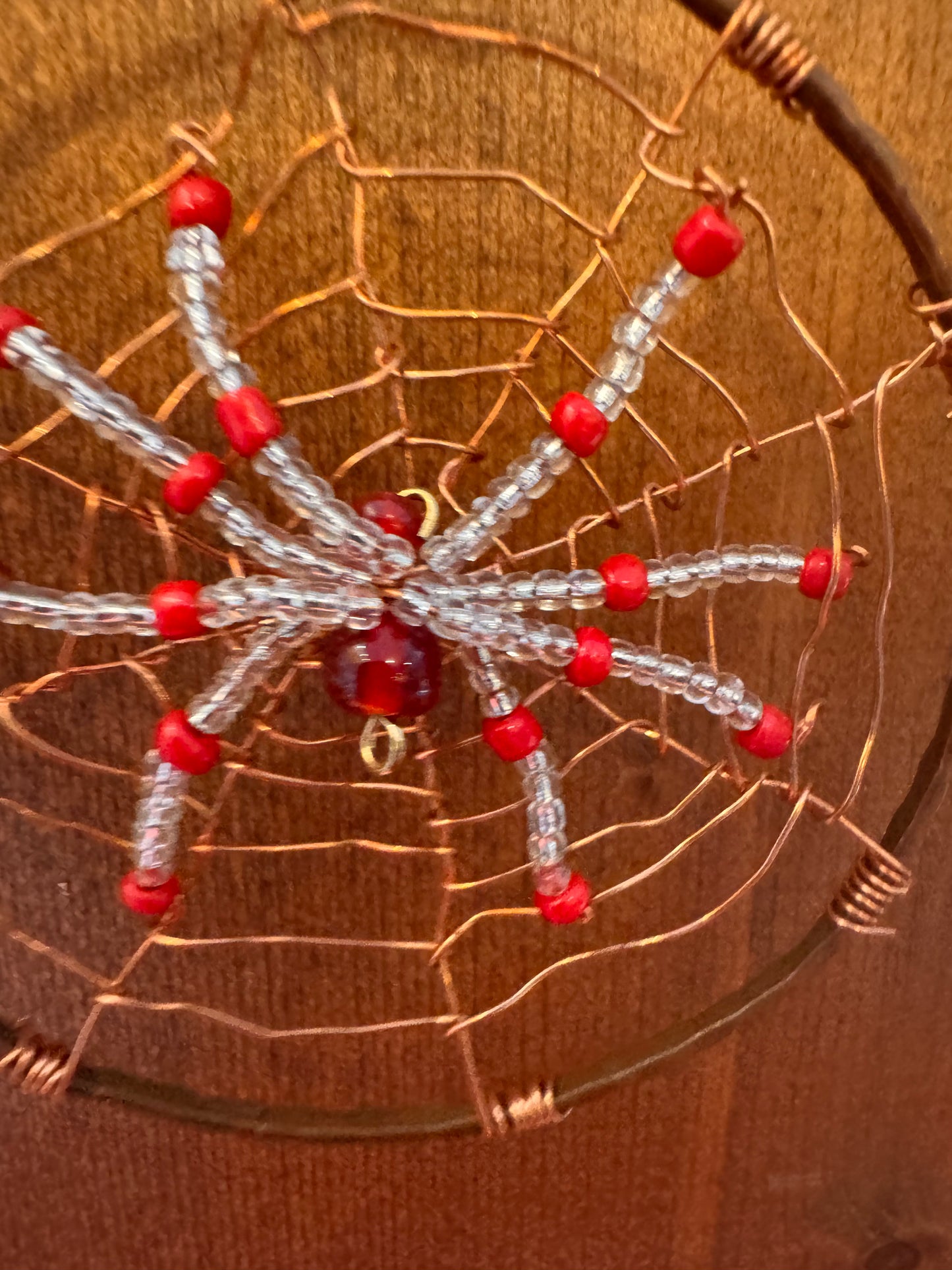 Handmade Christmas Spider Ornament  Red and Crystal Clear in Copper Web