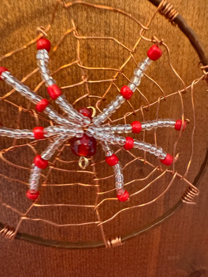 Handmade Christmas Spider Ornament  Red and Crystal Clear in Copper Web
