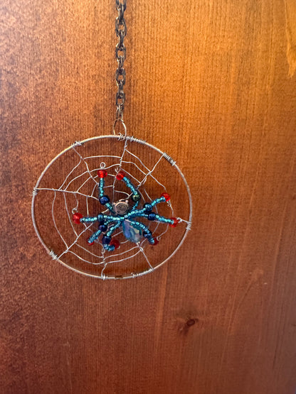Handmade Christmas Spider Ornament Ice Blue with Black and Red Highlights