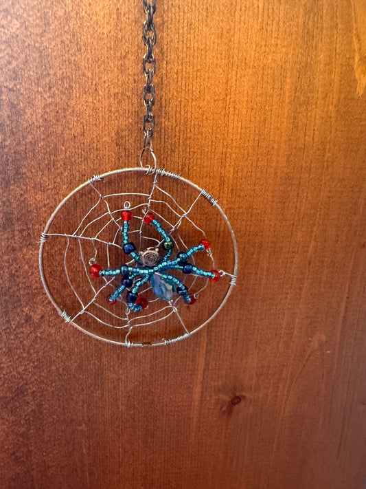 Handmade Christmas Spider Ornament Ice Blue with Black and Red Highlights
