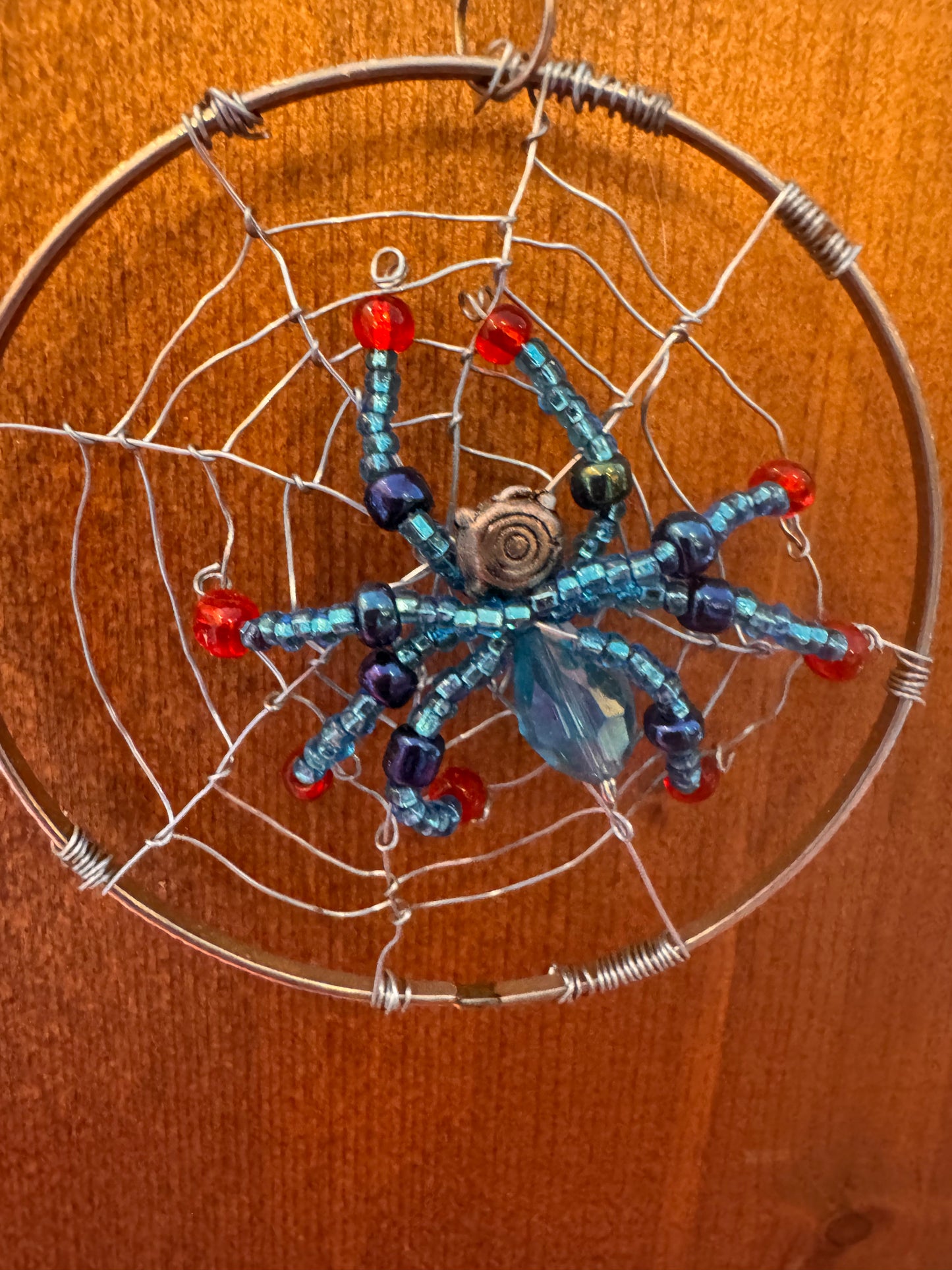 Handmade Christmas Spider Ornament Ice Blue with Black and Red Highlights