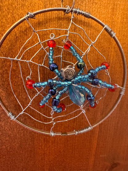 Handmade Christmas Spider Ornament Ice Blue with Black and Red Highlights